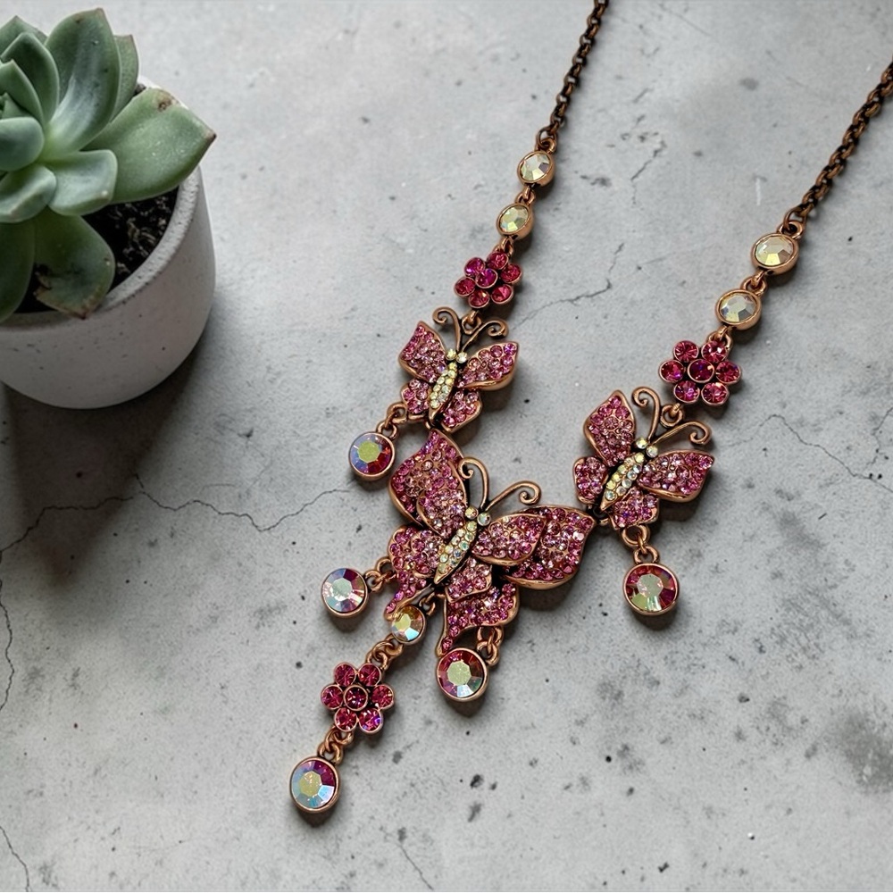 Kirks Folly Pink Butterfly Rhinestone Necklace AB Drop Signed 16”-19” whimsical - Picture 14 of 17